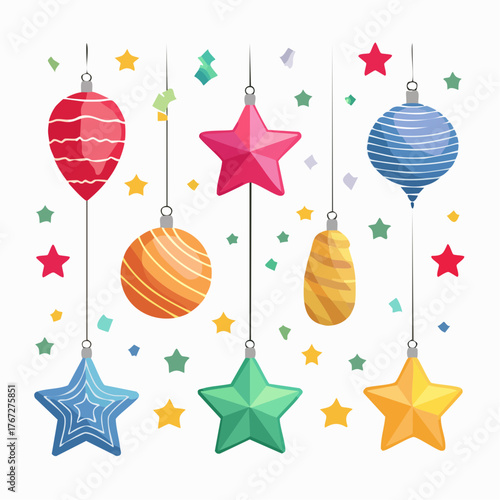 A collection of colorful Christmas ornaments and confetti suspended against a white background.