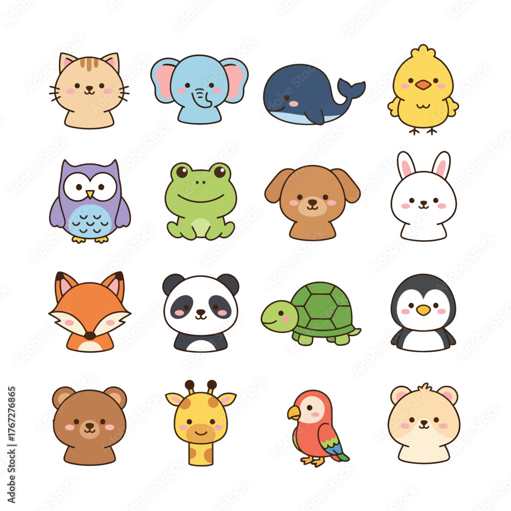 Fototapeta premium A charming collection of sixteen diverse cartoon animals, including a cat, elephant, whale, chick, owl, frog, dog, rabbit, fox, panda, turtle, penguin, bear, giraffe, parrot, and polar bear.