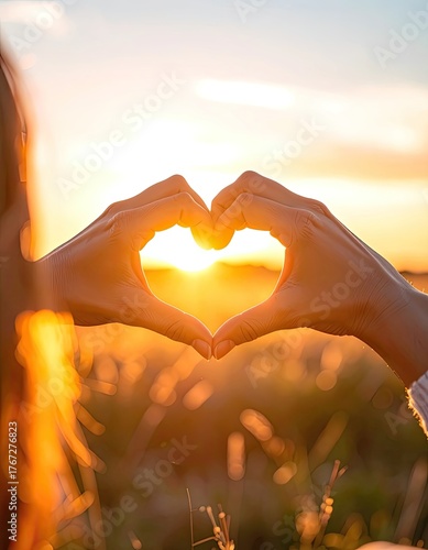 Hands form heart around sunset in a field, glowing golden