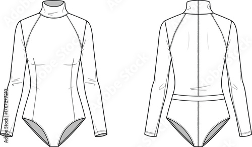Long sleeve turtleneck bodysuit technical flat sketch, front and back view detailed fashion CAD drawing, vector illustration apparel template design