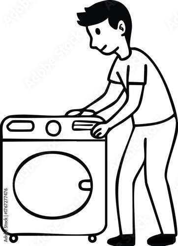 Line art illustration of a person doing household laundry, operating a washing machine to clean clothes, representing domestic life and chores
