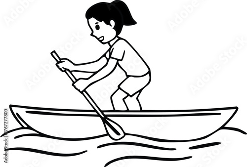 Black and white line art illustration of a young girl with a ponytail paddling a small boat on the water