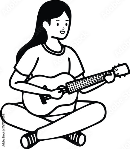 Woman playing the ukulele with crossed legs, enjoying music and a relaxed lifestyle with happiness