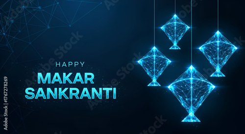 Happy Makar Sankranti Greeting Card Design With Four Futuristic Polygonal Low Poly Kites Illustration In Glowing Blue Holiday Lights Effect On A Dark Navy Blue Background With Wireframe Connections 
