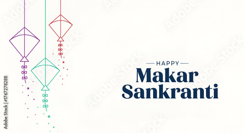 Happy Makar Sankranti Invitational Card Design With Line Art Kites In Purple And Teal Colors For The Indian Harvest Festival Uttarayan Celebration On White Background And Minimal Star Effects 