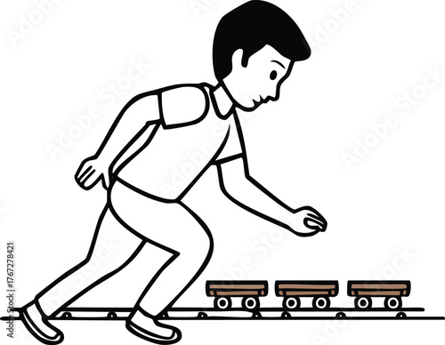 Engaged individual crouching to interact with a row of small toy train cars on a track, symbolizing focused play, early learning, and imaginative exploration in a simple, graphic illustration