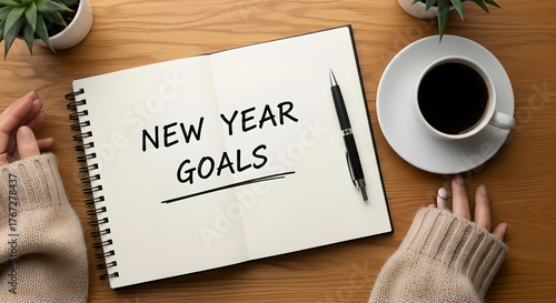 Woman Writing New Year Goals and Resolutions in Notebook on Wooden Desk