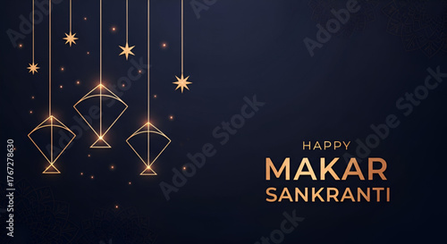 Happy Makar Sankranti Elegant Premium Greeting Card Background With Minimalistic Golden Line Kites And Stars Hanging From The Top On A Dark Navy Blue Or Black Background With Subtle Mandala Pattern 