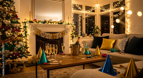 Cozy New Year's Eve Living Room Interior with Christmas Tree and Fireplace