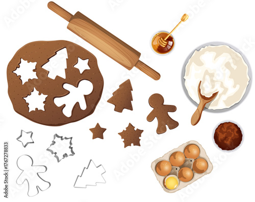 Gingerbread Cookies Baking Ingredients & Utensils Collection: Cookie Cutters, Dough, Rolling Pin, Flour, Egg Carton, Cocoa Powder & Honey Flat Lay Isolated Illustration
