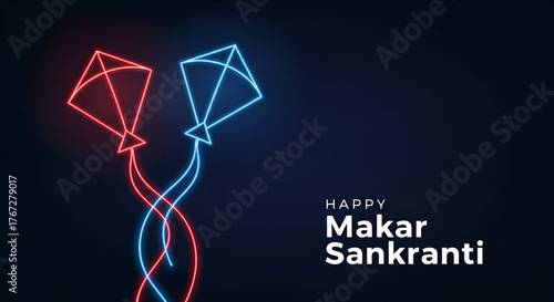 Happy Makar Sankranti Celebration Invitation Card With Minimalistic Neon Light Outline Kites In Red And Blue Colors As An Abstract Banner Design Element On A Dark Blue Or Black Technology Background