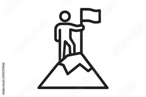 A person stands atop a mountain waving a flag in triumph