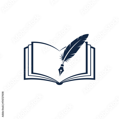 A quill pen and inkwell poised above an open book, symbolizing knowledge, writing, and education