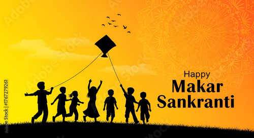 Happy Makar Sankranti Harvest Festival Banner Design With Silhouettes Of Joyful Children Playing And Running While Flying A Kite Against A Warm Sunrise Or Sunset Orange And Yellow Background And Manda