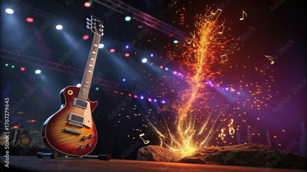Obraz premium Electric guitar on stage with music notes erupting with lights