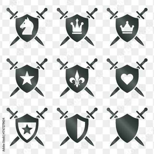 Shield With Crossed Swords And Heraldic Emblem Icons Vector Set