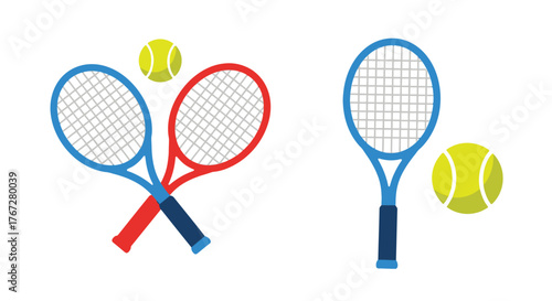 Colorful tennis rackets and balls in a simple illustrative graphic