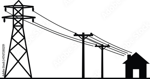 Electric power distribution system, transmission tower, utility pole network, residential electricity supply, energy infrastructure illustration, voltage line connection, vector diagram