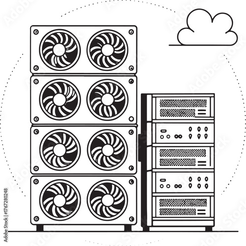A black and white illustration of a server with multiple fans and clouds in the background sky view
