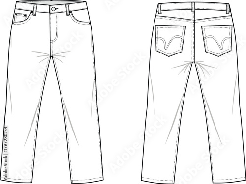 Straight leg jeans technical flat sketch front and back view, denim pants fashion design, apparel template, clothing cad vector illustration
