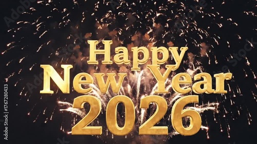 Golden Happy New Year 2026 text slowly appearing in the night sky as bright fireworks explode behind it,