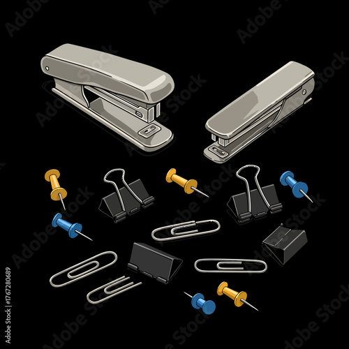 Office Supplies - Staplers, Clips, and Push Pins on Black Background.