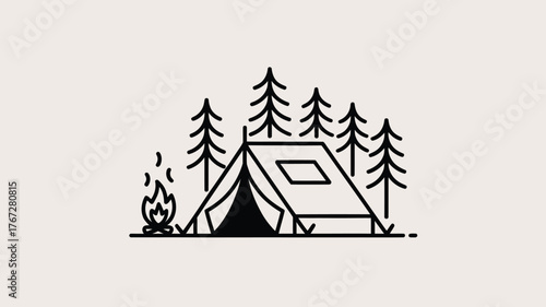 Cozy campsite scene with tent and campfire nestled among pine trees evokes peaceful outdoor adventure and relaxation