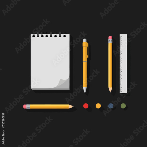 Stationery set featuring notepad pen pencils and colorful push pins on black background.