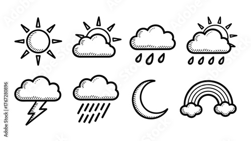 Whimsical hand-drawn weather icons capture the essence of nature's moods from sunny days to stormy nights and magical rainbows