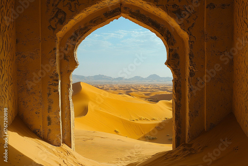 Fototapeta Naklejka Na Ścianę i Meble -  An ancient desert arch framing a breathtaking view of sand dunes