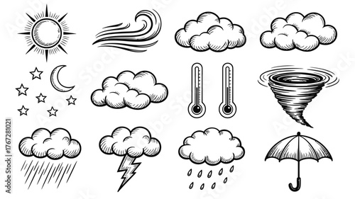 Dynamic weather icons capture sunshine, clouds, rain, storms, wind, and temperature for educational and design projects.