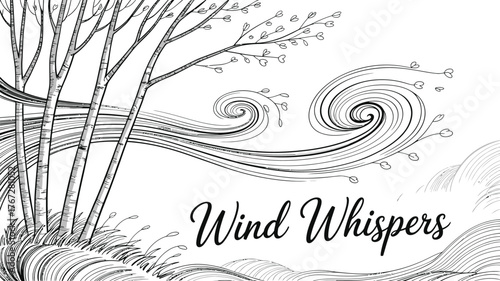 Graceful trees sway amidst swirling winds and delicate leaves, evoking a serene natural atmosphere perfect for artistic projects.