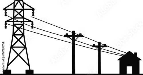 Electric power transmission system vector, energy distribution infrastructure, utility poles to residential house, electricity flow concept, grid connection illustration, editable design