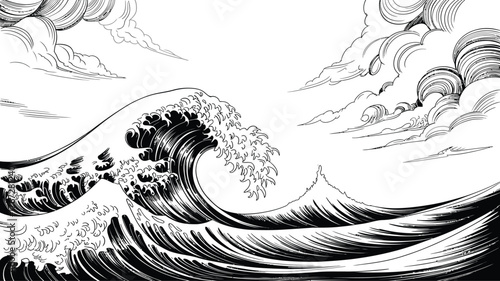 Dramatic Japanese style ink wash art captures a massive ocean wave crashing with dynamic clouds overhead creating a powerful and artistic natural scene
