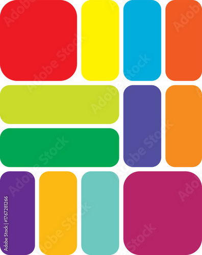 Colorful vector buttons set for web design with blank square sticker tag elements. Layout grid templates Bento grid for web UI UX design