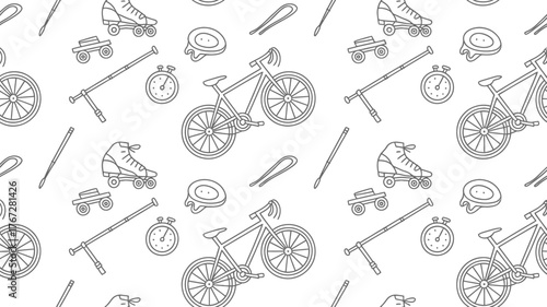 Dynamic seamless pattern featuring bicycles roller skates stopwatches and sports equipment for active lifestyle and recreation themes