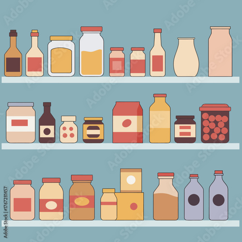 Assortment of Jars and Bottles on Shelves.