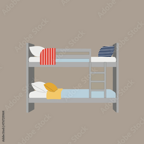 Bunk bed with pillows and blankets for sleeping in a bedroom.