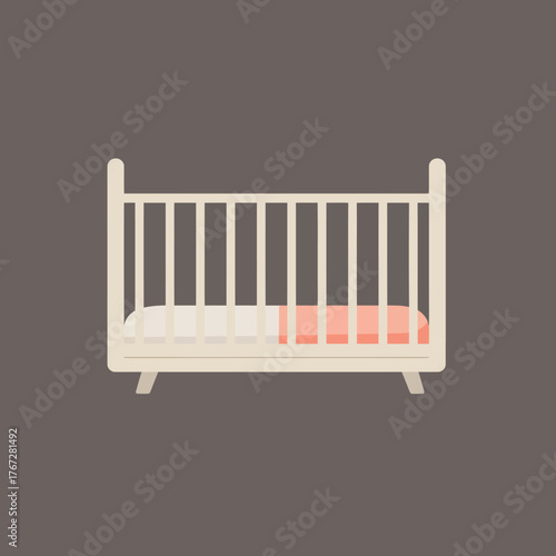 Classic white wooden baby crib with a pink blanket.