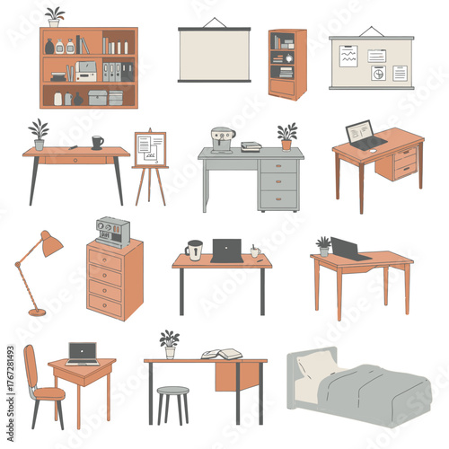 Collection of various office and home furniture items for work and study spaces.
