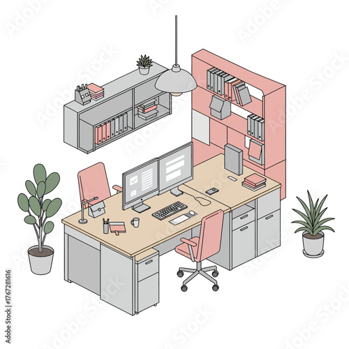 Isometric illustration of a modern office cubicle workspace.