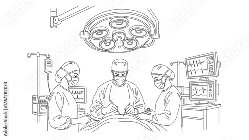 Operating Room Line Art — Surgeon and Nurses Performing Surgery under Surgical Lights, Minimal Vector Illustration