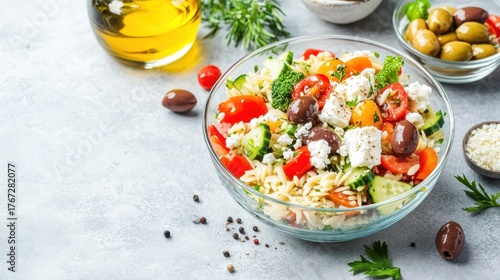 Greek Salad: A vibrant mix of fresh tomatoes, cucumbers, olives, and feta cheese, generously tossed with olive oil, herbs, and seasonings, offering a taste of Mediterranean freshness