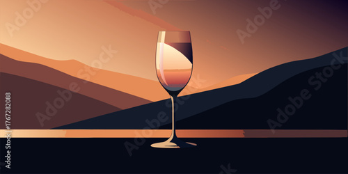 Champagne Flute Reflecting Sunset Over Stylized Mountains