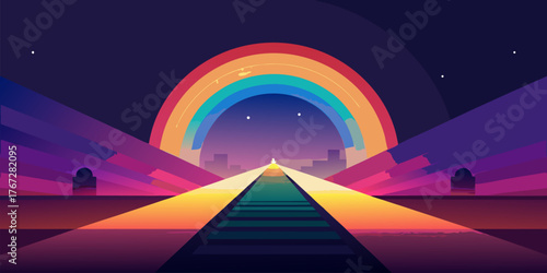 Futuristic Cityscape With Rainbow Arch And Train Tracks