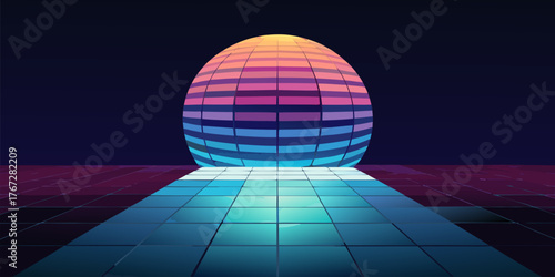 Retro Futuristic Sphere on Grid Floor vector illustration