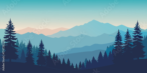 Serene Mountain Landscape with Evergreen Trees and Gradient Sky
