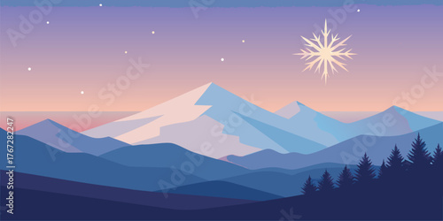 Winter Mountain Scene with Snowflake and Stars mountains