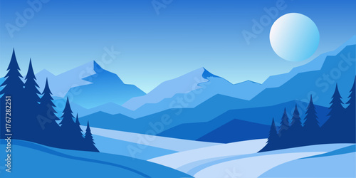 Winter Mountain Landscape with Snow and Moon Keywords: winter, mountain, landscape, snow, moon