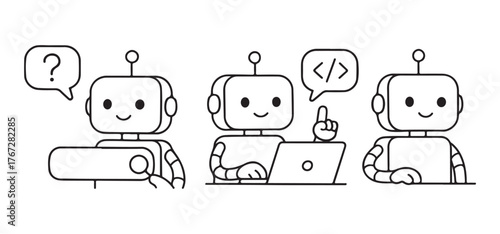 Adorable robots coding, learning, and teaching AI with modern technology, perfect for illustrating innovation, automation, and future tech development